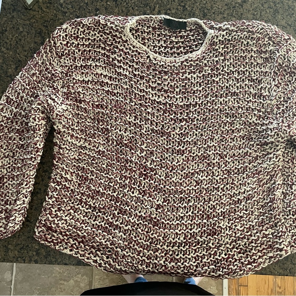 Zara Maroon and Cream Knit Sweater